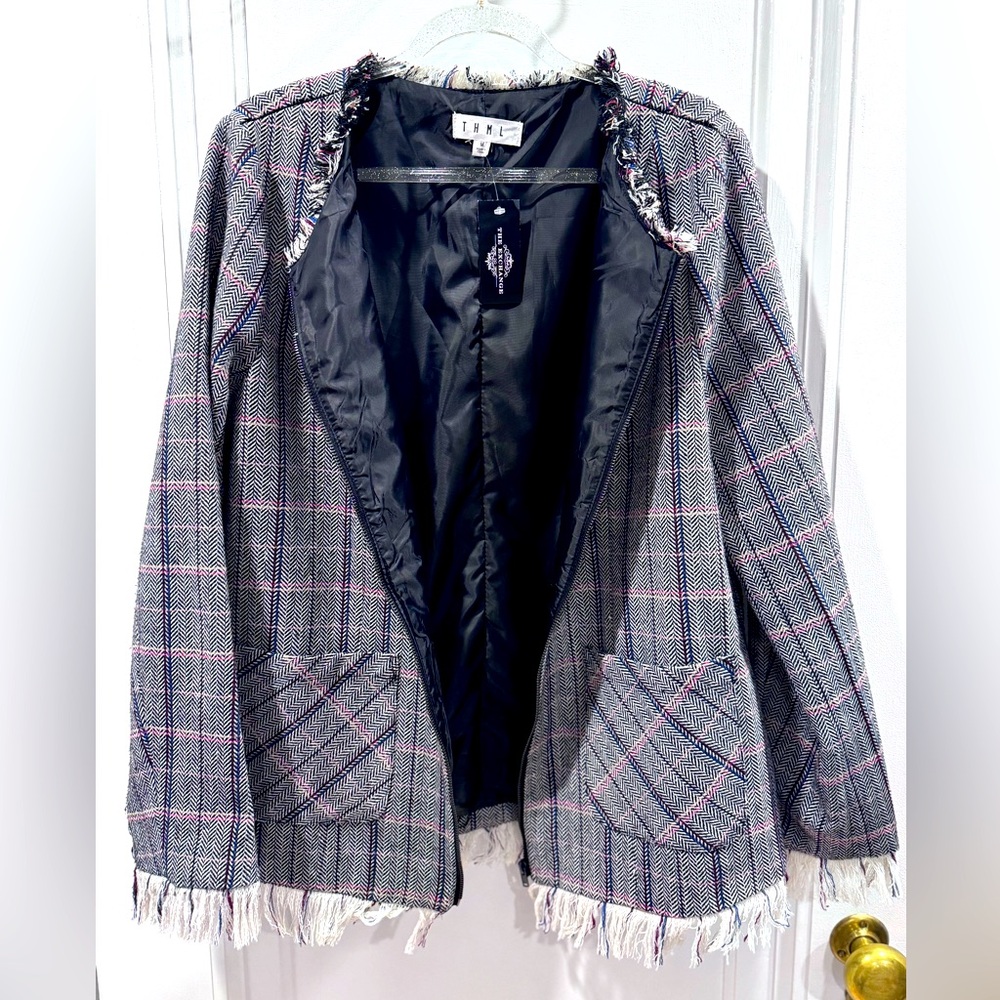 NWT, plaid fringe jacket, multi-color, Size MD.